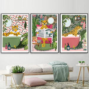 Tiger in der Badewanne, botanisches Druckposter, tropisches Dschungeltier, Wandkunst, Leinwand, Schmerz, Gepard, lesende Zeitung, Safari-Dekoration