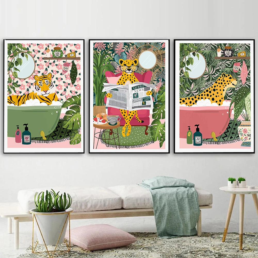 Póster con estampado botánico de tigre en la bañera, arte de pared de animales de la selva Tropical, lienzo, pintura de guepardo, lectura de periódico, decoración de Safari