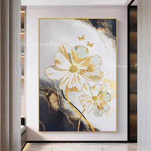 Large Size gold foil flower picture with grey canvas 100% Handpainted Oil Painting On Canvas home decoration