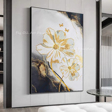 Carica l&#39;immagine nel visualizzatore della Galleria, Large Size gold foil flower picture with grey canvas 100% Handpainted Oil Painting On Canvas home decoration
