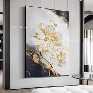 Large Size gold foil flower picture with grey canvas 100% Handpainted Oil Painting On Canvas home decoration