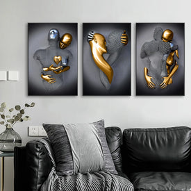 3PCS Black and Gold Statue Posters Love Heart Figure Canvas Painting Wall Art Prints Pictures for Living Room Modern Home Decor