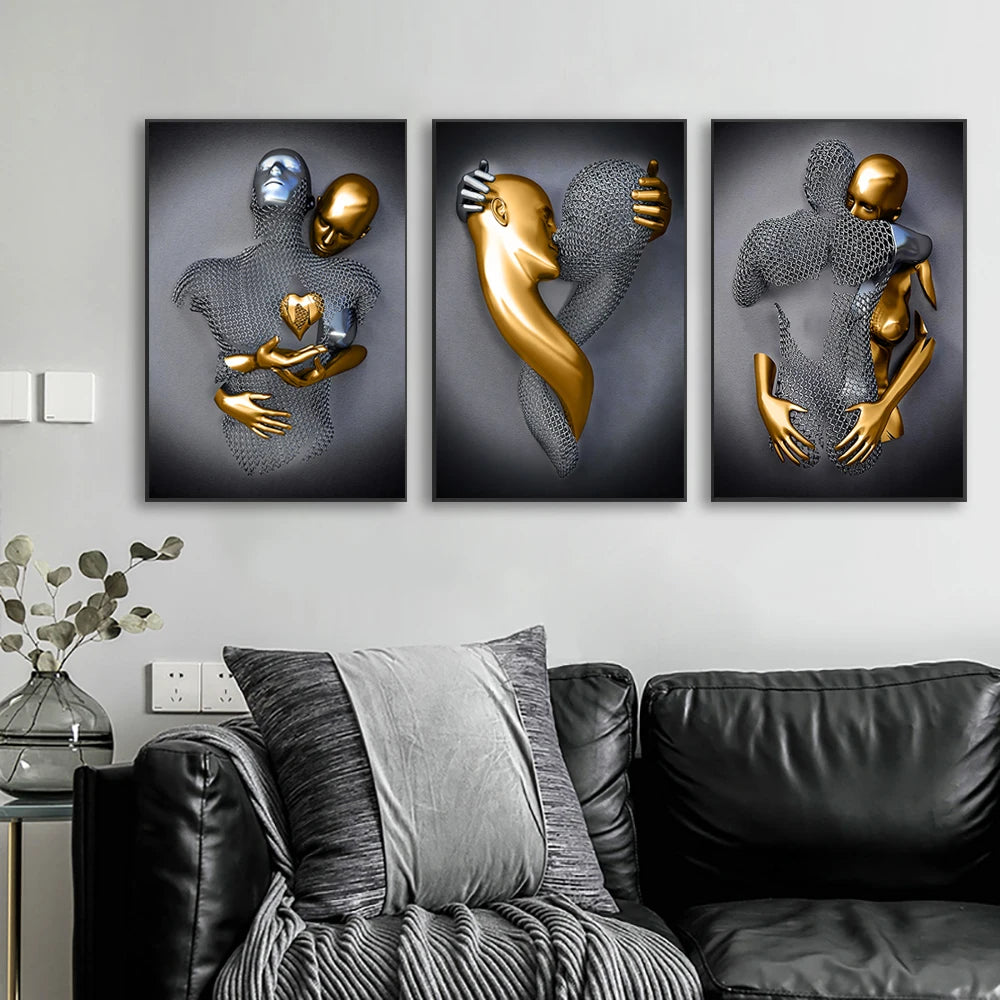 Pósteres de estatua negra y dorada, figura de corazón de amor, pintura en lienzo, impresiones artísticas de pared, imágenes para decoración moderna del hogar, 3 uds.