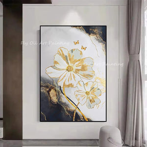 Large Size gold foil flower picture with grey canvas 100% Handpainted Oil Painting On Canvas home decoration