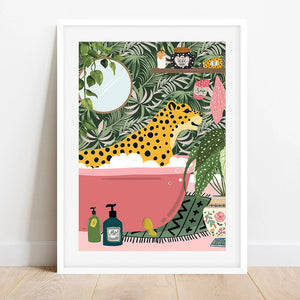 Tiger in Bathtub Botanical Print Poster Tropical Jungle Animal Wall Art Canvas Painitng Cheetah Reading Newspaper Safari Decor