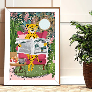 Tiger in Bathtub Botanical Print Poster Tropical Jungle Animal Wall Art Canvas Painitng Cheetah Reading Newspaper Safari Decor