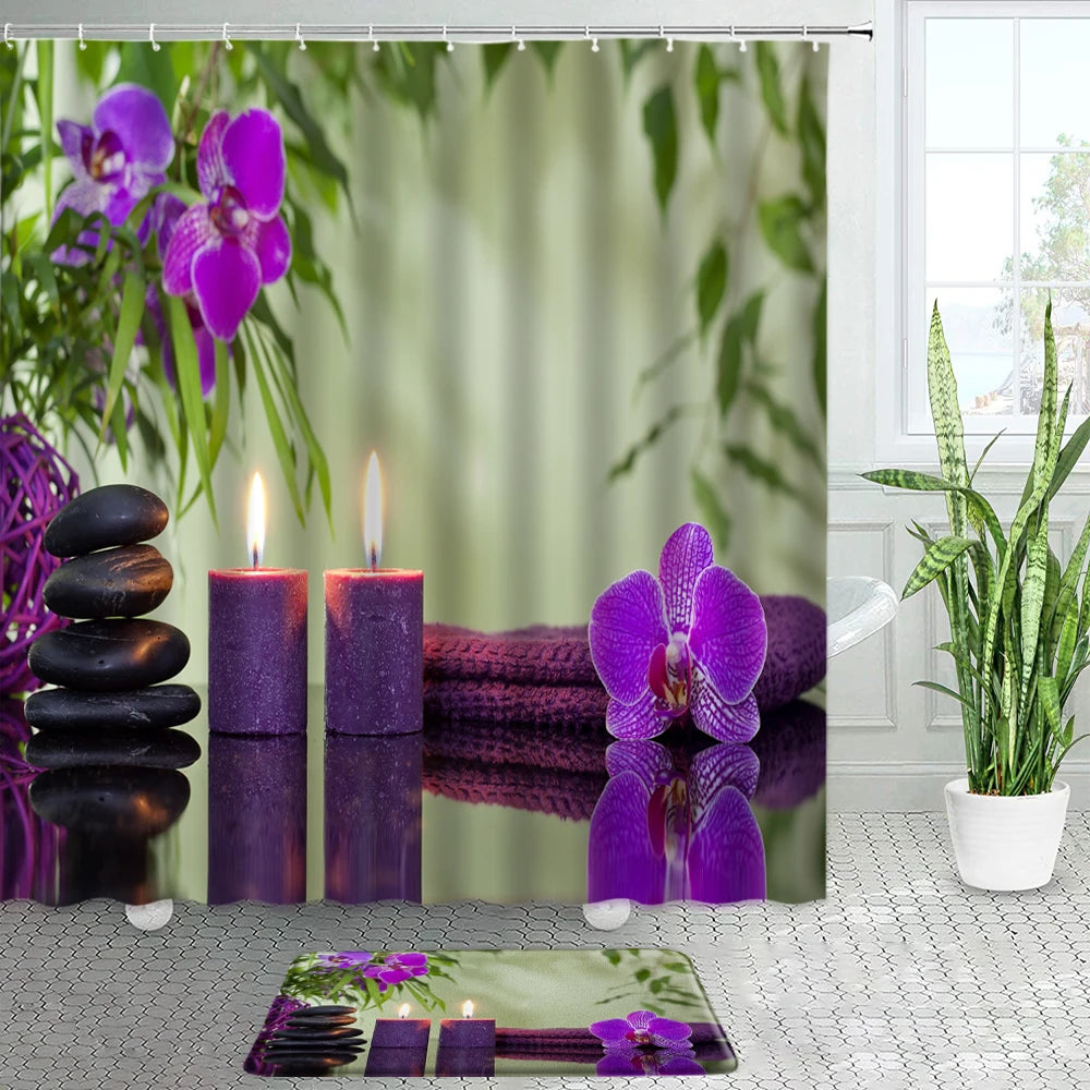 Cortinas de ducha de bambú verde orquídea púrpura, juego de alfombrillas de baño Zen, piedra negra, Spa, paisaje Natural, decoración de baño, alfombrilla antideslizante