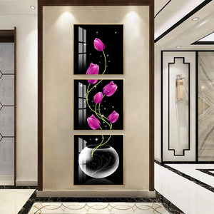 3 pieces Modular Vase with purple tulips Flowers wall art Canvas painting poster Porch Corridor Vertical Version Home Decoration