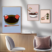 Cargar imagen en el visor de la galería, Póster de Sushi con dibujos divertidos, impresión de alimentos japoneses, Sushi en bicicleta, pintura en lienzo, cocina, restaurante, imágenes artísticas de pared, decoración del hogar