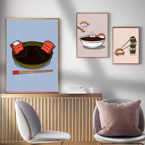 Póster de Sushi con dibujos divertidos, impresión de alimentos japoneses, Sushi en bicicleta, pintura en lienzo, cocina, restaurante, imágenes artísticas de pared, decoración del hogar