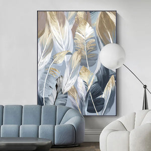 Cuadro sobre lienzo para pared de flores y hojas doradas abstractas, póster de plumas blancas y Negro Nórdico, cuadro impreso para pared para decoración para sala de estar