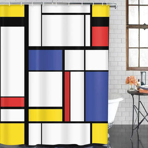 Patrón azul pintura moderna abstracta en Mondrian colorido Bauhaus cortina de ducha de tela de poliéster impermeable 60x72 pulgadas