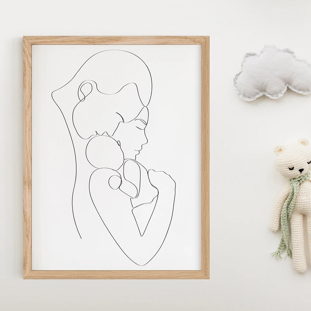 Familienporträt Mama Papa Baby Kunst Strichzeichnung Poster Abstrakt Minimalist Wand Leinwanddruck Malerei Kinderzimmer Dekorative Bilder