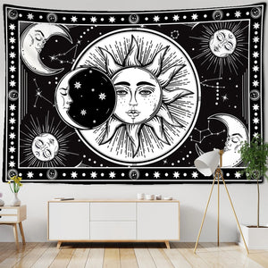 Tapisserie Mandala blanc noir soleil et lune, tenture murale Tarot Hippie, tapis mural, couverture de décoration de dortoir