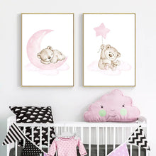 Carica l&#39;immagine nel visualizzatore della Galleria, Orso rosa Luna Stella Bambino Poster Nursery Stampa Cartoon Animal Wall Art Canvas Pittura Nordic Kid Baby Room Decorazione Immagine