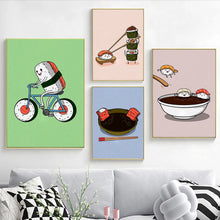 Cargar imagen en el visor de la galería, Póster de Sushi con dibujos divertidos, impresión de alimentos japoneses, Sushi en bicicleta, pintura en lienzo, cocina, restaurante, imágenes artísticas de pared, decoración del hogar