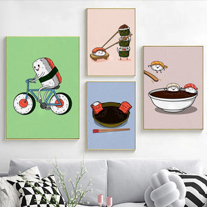 Divertente cartone animato Sushi Poster Stampa Cibi giapponesi Sushi su bicicletta Tela Pittura Cucina Ristorante Immagini di arte della parete Decorazioni per la casa