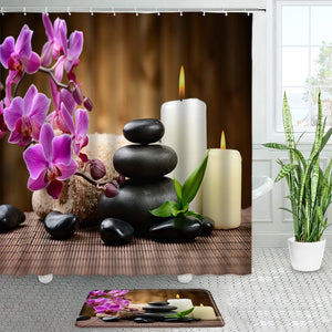Rideaux de douche en bambou vert orchidée violette, ensemble de tapis de bain Zen pierre noire Spa paysage naturel, décor de salle de bains, tapis de porte antidérapant