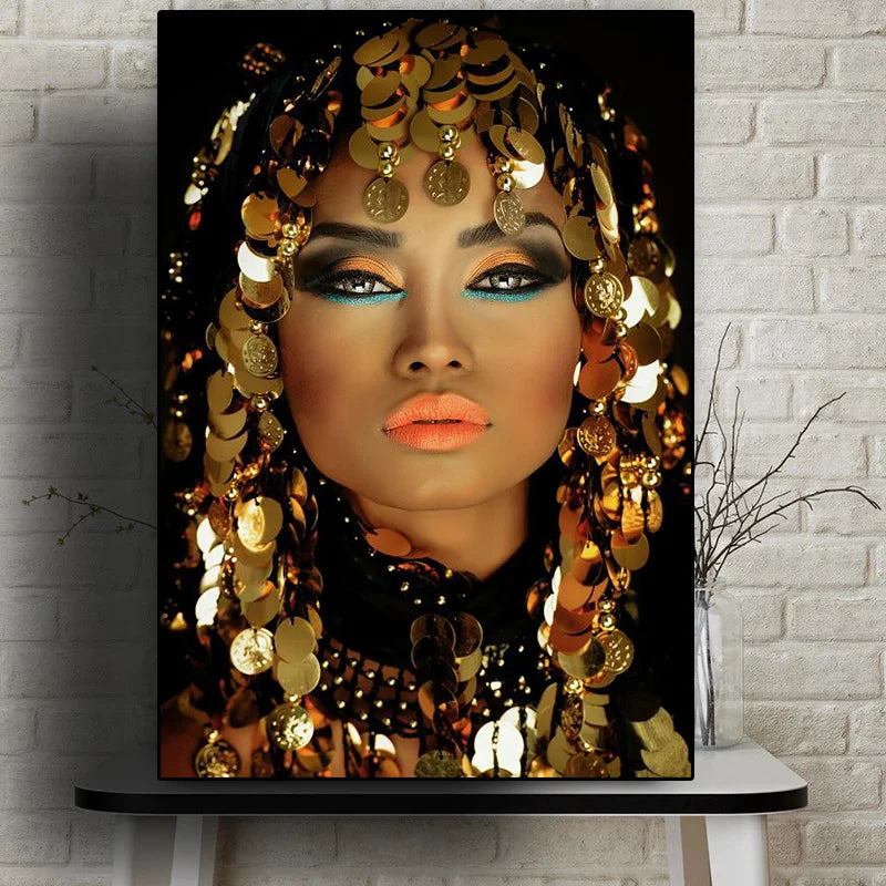 African Woman with Makeup Wearing Sequin Headscarf Canvas Painting Posters Scandinavian Wall Art Picture Living Room Home Decor