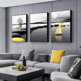 Paesaggio moderno Poster Nero Giallo Pietra Barca Cervo Wall Art Tela Pittura Nordic Stampa Immagini murali Decorazione del soggiorno