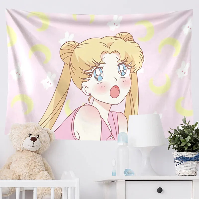 Wall Tapestry Kawaii Sailor Moon Hippie Wall Hanging Macrame Tapestry  Bedspread Carpet Wall Cloth Mandala Pink/Cute Room Decor