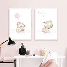 Carica l&#39;immagine nel visualizzatore della Galleria, Orso rosa Luna Stella Bambino Poster Nursery Stampa Cartoon Animal Wall Art Canvas Pittura Nordic Kid Baby Room Decorazione Immagine