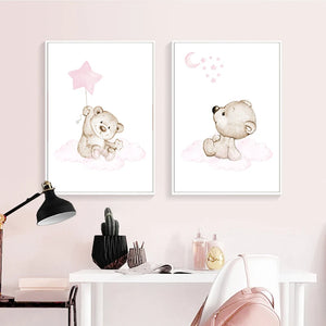 Póster infantil de oso rosa, Luna, estrella, estampado para guardería, cuadro sobre lienzo para pared de animales de dibujos animados, cuadro decorativo para habitación de bebé de chico nórdico