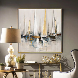 Sea scenery sailing boats abstract painting for home wall decoration Hand drawn oil painting on canvas picture for living room