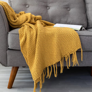 Coperta giallo senape per divano, coperta in maglia, coperta con frange e nappe, da viaggio, 130 x 160 cm, per casa, divano, poltrona, divano letto, 50 x 62 pollici.
