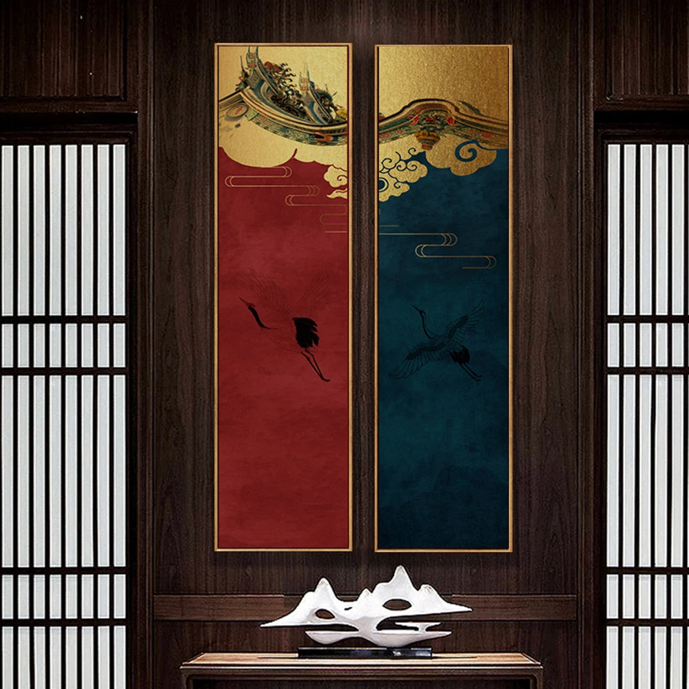 Arte de pared japonés, póster de paisaje chino impreso, lienzo abstracto rojo y azul, pintura, imagen estética, decoración del porche de casa