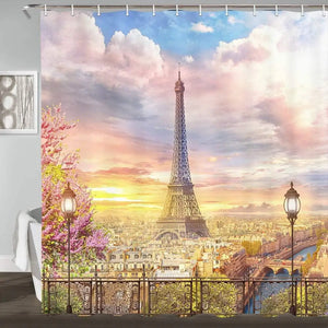 Frankreich Duschvorhänge, Balkon auf dem Pariser Turm, rosa Blume, Stadtlandschaft, Polyesterstoff, Badezimmerdekoration, Badvorhanghaken