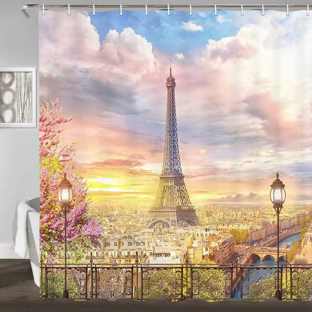 Cortinas de ducha de Francia, balcón en la torre de París, flor rosa, paisaje de ciudad, tela de poliéster, decoración de baño, ganchos para cortina de baño