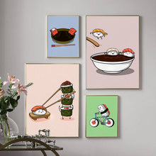 Cargar imagen en el visor de la galería, Póster de Sushi con dibujos divertidos, impresión de alimentos japoneses, Sushi en bicicleta, pintura en lienzo, cocina, restaurante, imágenes artísticas de pared, decoración del hogar