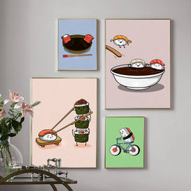 Póster de Sushi con dibujos divertidos, impresión de alimentos japoneses, Sushi en bicicleta, pintura en lienzo, cocina, restaurante, imágenes artísticas de pared, decoración del hogar