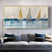 Load image into Gallery viewer, 100% Handpainted Oil Painting Golden Canvas Poster Modern Yellow Sailboat And Blue Ocean Wall Art Image Decor Home Living Room