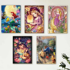 Pintura en lienzo de Disney para niños, imágenes de princesas de dibujos animados para decoración de pared, carteles e impresiones de La Sirenita Rapunzel enredados