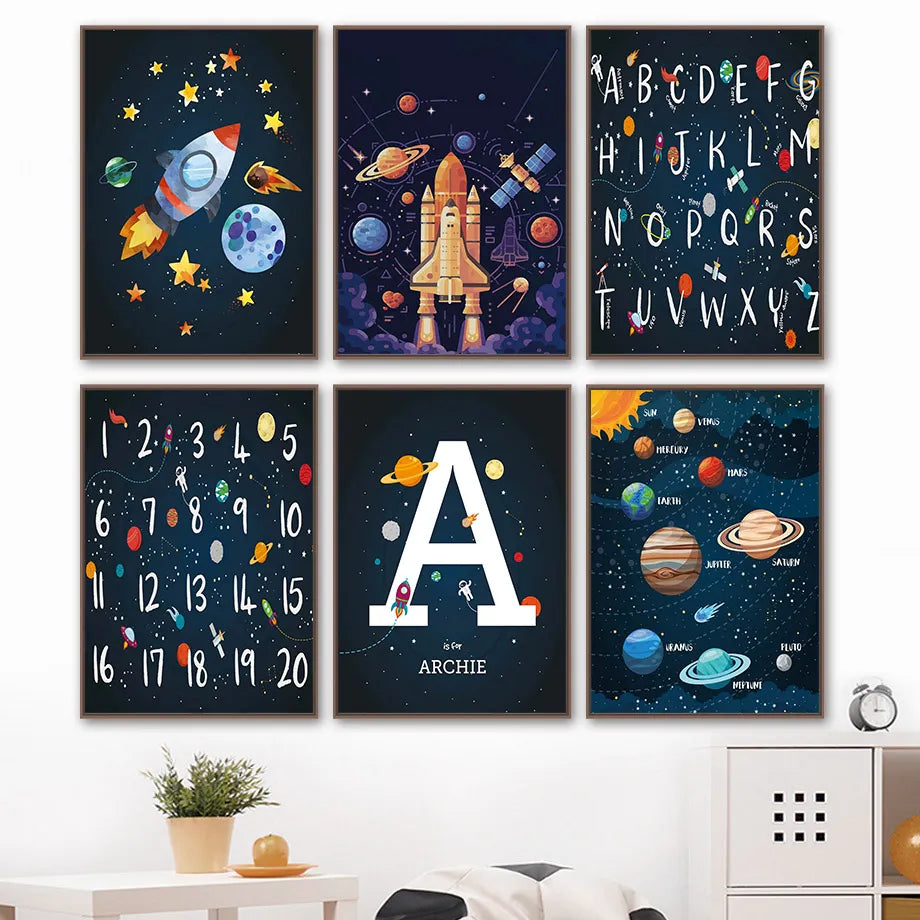 Planète fusée numéro Alphabet nom personnalisé pépinière mur Art toile peinture nordique affiche et impression mur photos enfants chambre décor