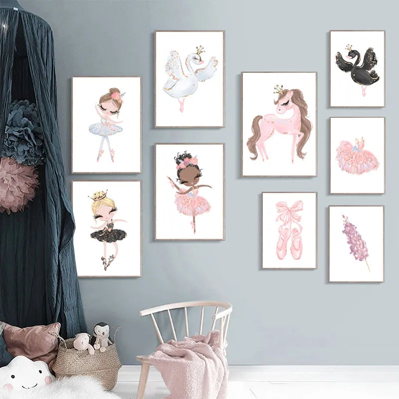 Póster de princesa de Ballet nórdico para guardería, cuadro sobre lienzo para pared de unicornio, Cuadros de pared de cisne para decoración de habitación de niños y niños