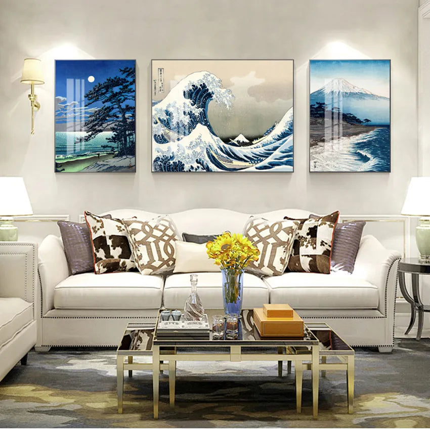 Cuadros para sala de estar, decoración Oriental del hogar, póster de paisaje japonés Vintage, impresiones artísticas de Kanagawa onduladas, pintura en lienzo para pared