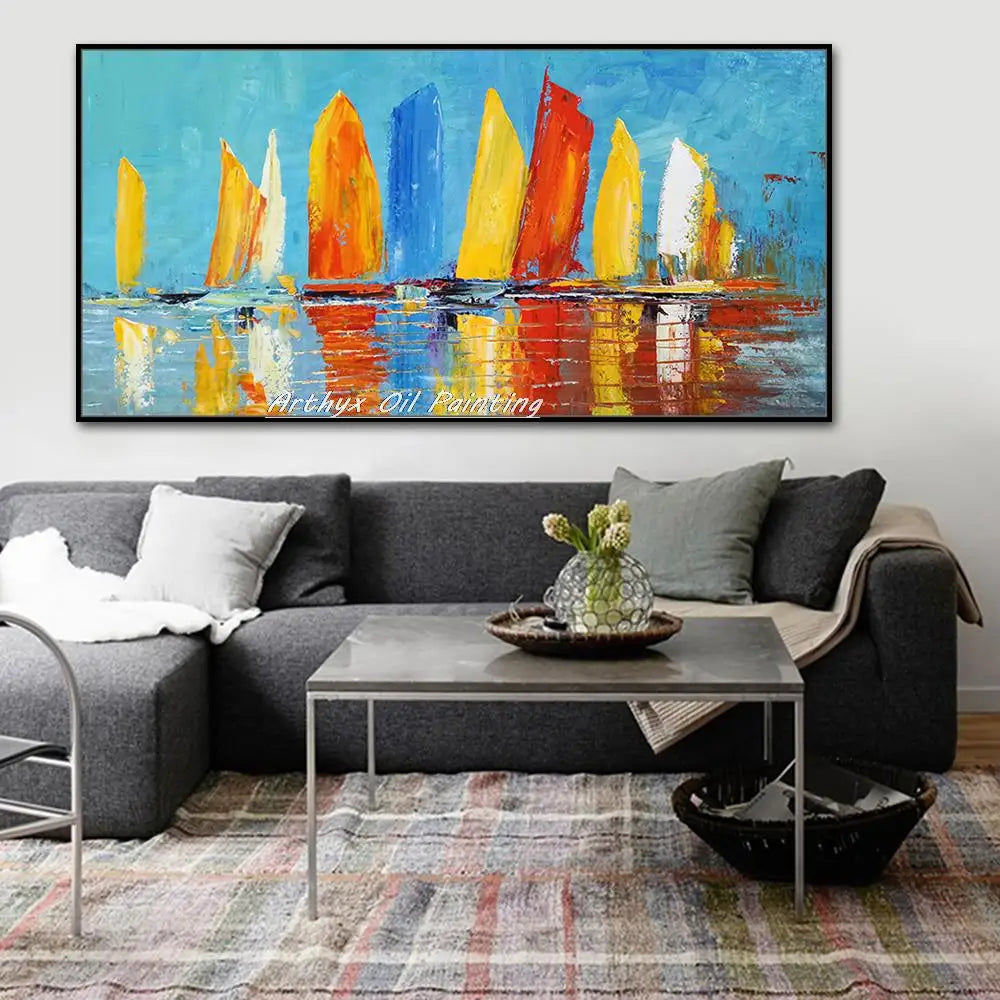 Arthyx Hand Made Texture Abstract Boat Landscape Oil Painting On Canvas,Modern Wall Art,Pictures For Living Room,Home Decoration