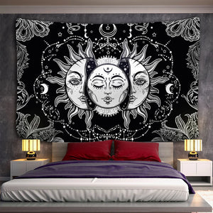 Blanc noir soleil lune Mandala tapisserie tenture murale céleste tapisserie Hippie mur tapis dortoir décor psychédélique tapisserie