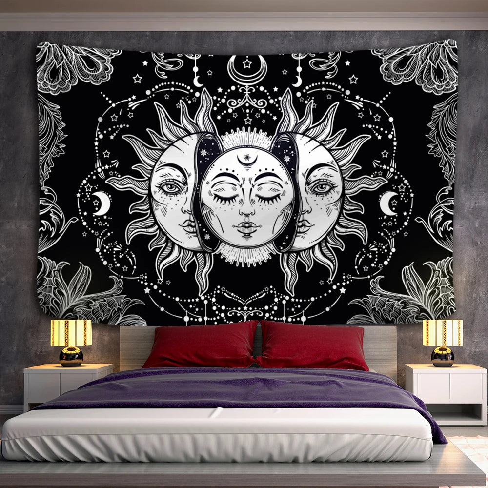 Tapiz de Mandala blanco y negro para colgar en la pared, tapiz de pared Celestial, alfombras de pared Hippie, decoración de dormitorio, tapiz psicodélico