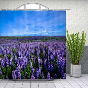 Cortinas de ducha con estampado 3D de lavanda púrpura y paisaje de flores, decoración del baño para el hogar, conjunto de tela de poliéster impermeable