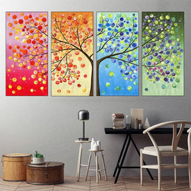 Pintura en lienzo de árbol de la suerte de las cuatro estaciones, carteles coloridos de paisaje e impresiones de imágenes de pared para decoración para sala de estar sin marco
