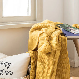 Manta amarilla para sofá, manta de punto, manta de borlas con pompón suave y sólida, manta de viaje de 130x160cm, sofá para el hogar, silla, sofá cama de 50 "x 62"