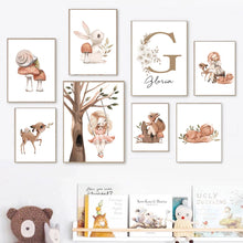 Cargar imagen en el visor de la galería, Póster personalizado con nombre del bebé, arte de pared de habitación de niña, pintura en lienzo de dibujos animados, decoración de imágenes de conejo, ciervo, zorro y seta