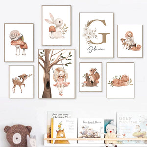 Affiche personnalisée avec nom de bébé, impression d'art mural pour chambre de fille, peinture sur toile de dessin animé, lapin, cerf, renard, champignon, décor d'images