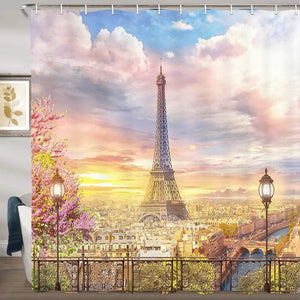 Frankreich Duschvorhänge, Balkon auf dem Pariser Turm, rosa Blume, Stadtlandschaft, Polyesterstoff, Badezimmerdekoration, Badvorhanghaken
