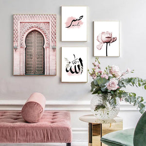 Allah Islamic Wall Art Canvas Poster Fiore rosa Vecchio cancello Stampa musulmana Immagine decorativa nordica Pittura Decorazione moderna della moschea