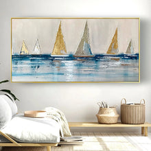 Load image into Gallery viewer, 100% Handpainted Oil Painting Golden Canvas Poster Modern Yellow Sailboat And Blue Ocean Wall Art Image Decor Home Living Room